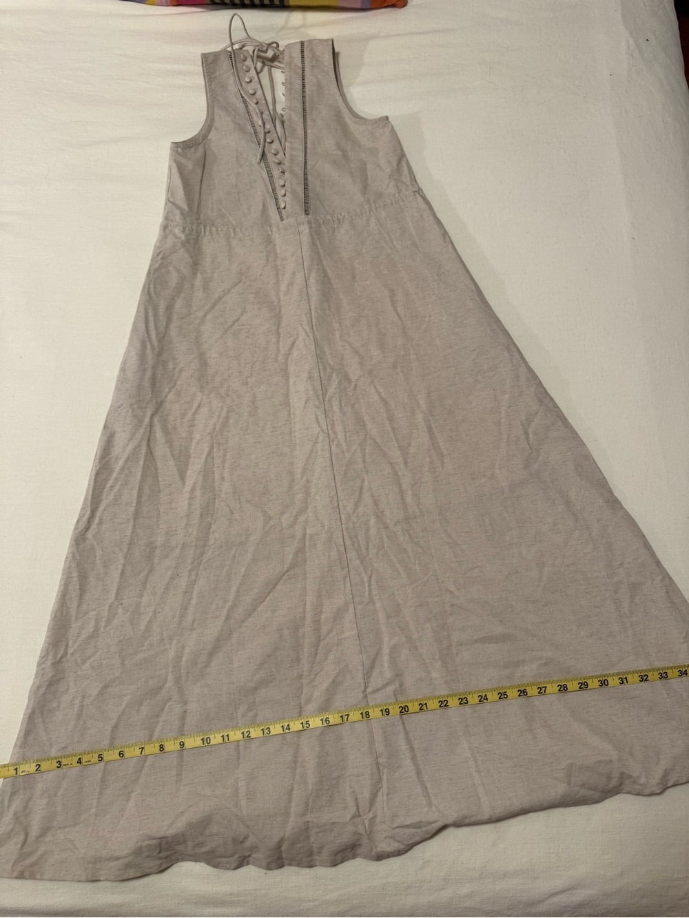 Unique Sleeveless V-Neck Oatmeal Linen Maxi Dress with Button Front - Picture 8 of 8
